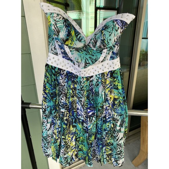Bebe Addiction Strapless Green Blue Pleated Studded Mini Dress Size XS - Picture 1 of 6